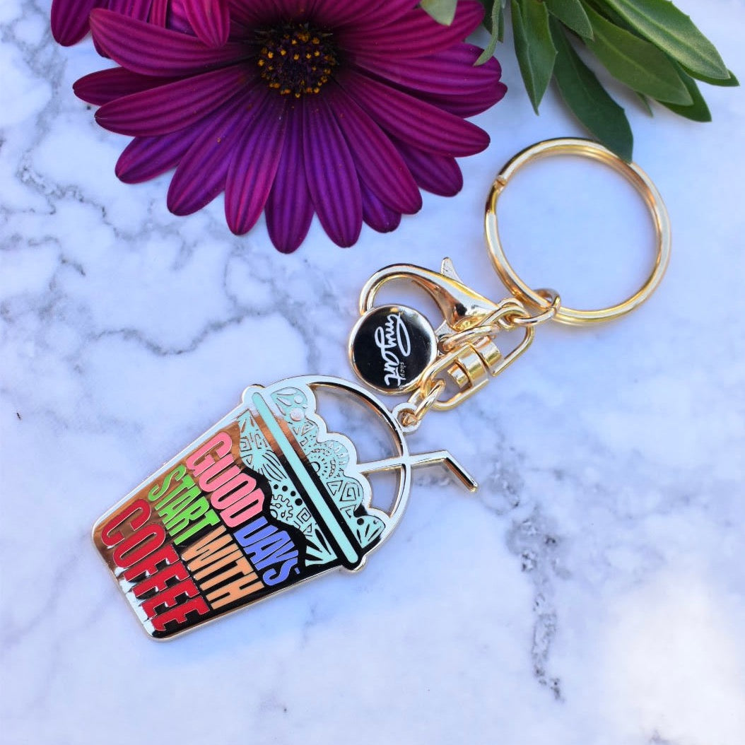 Enamel Keychain - Good Days Start With COFFEE