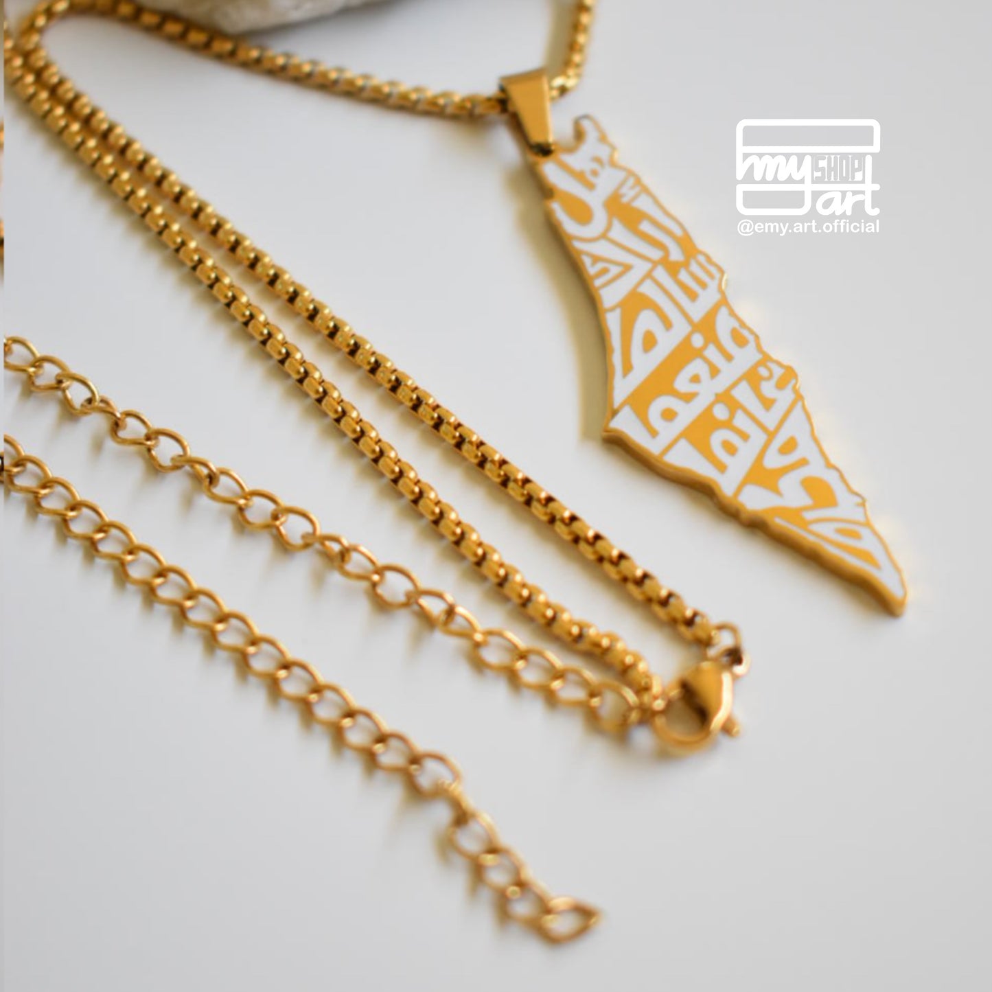 Necklace- Palestine map - Mawtini song lyrics“ هل أراك سالما منعما غانما مكرما ”