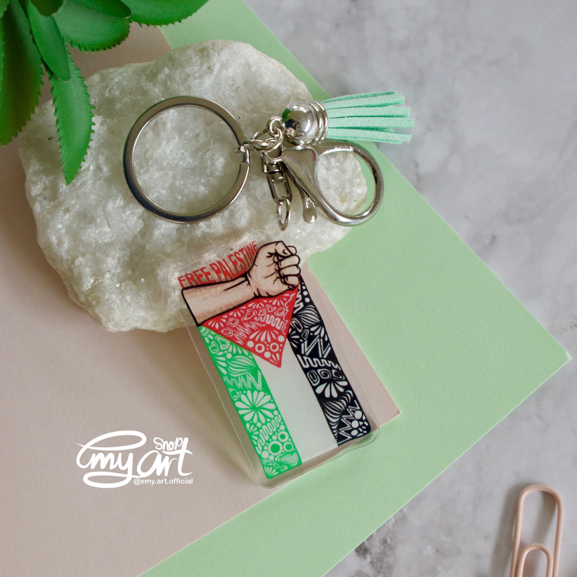 Acrylic keychain with Free Palestine flag design – pro-Palestinian accessory from Emy Art Shop