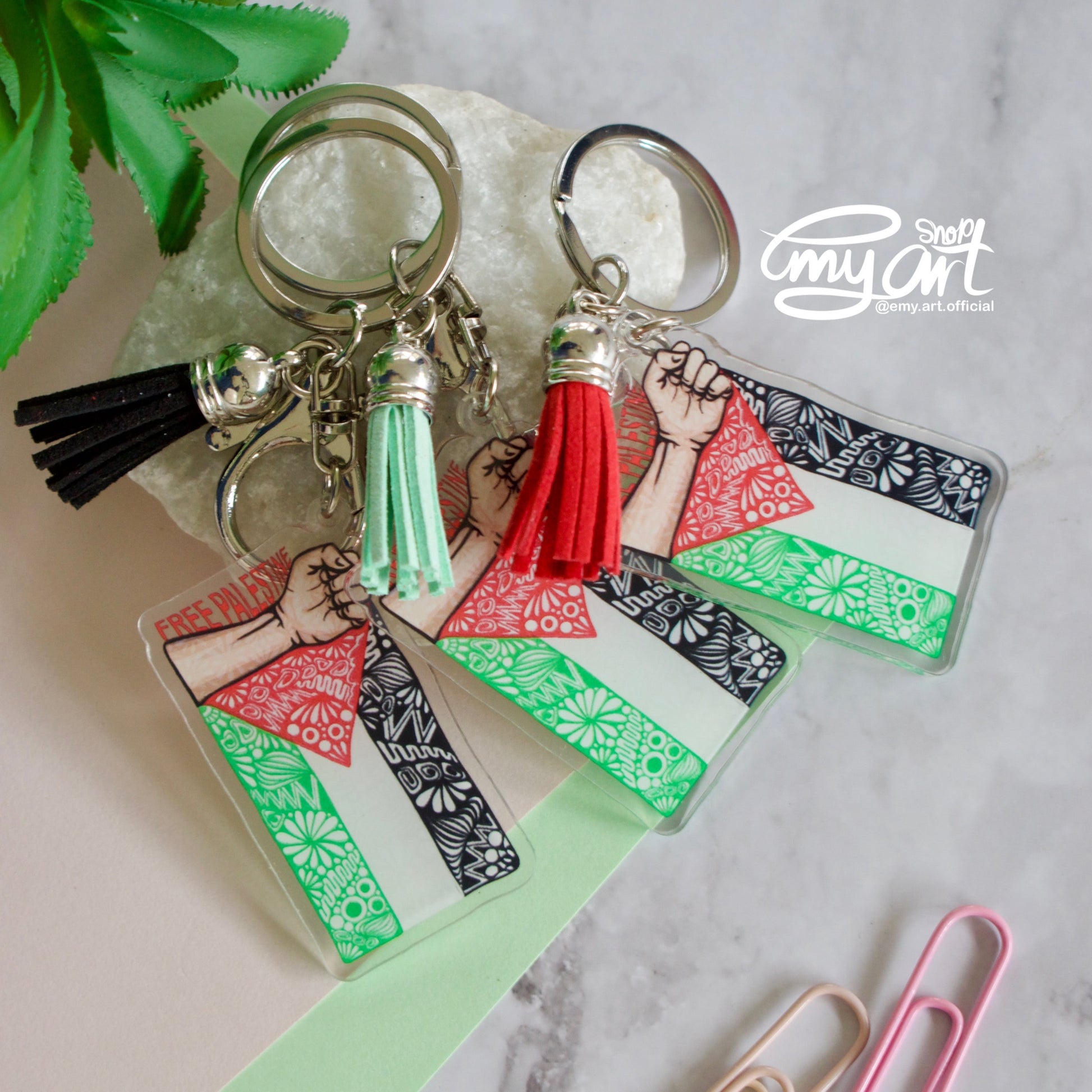 Acrylic keychain with Free Palestine flag design – pro-Palestinian accessory from Emy Art Shop