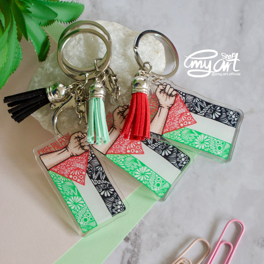 Acrylic keychain with Free Palestine flag design – pro-Palestinian accessory from Emy Art Shop