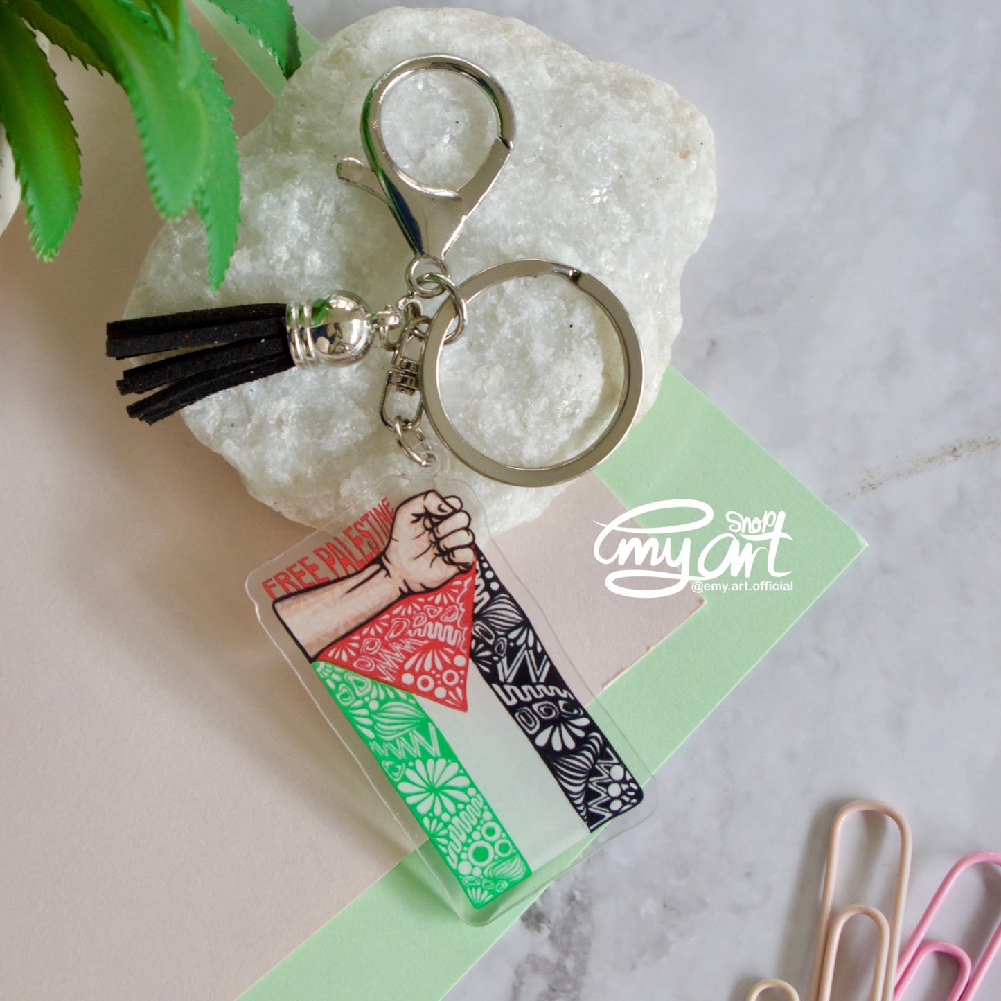 Acrylic keychain with Free Palestine flag design – pro-Palestinian accessory from Emy Art Shop