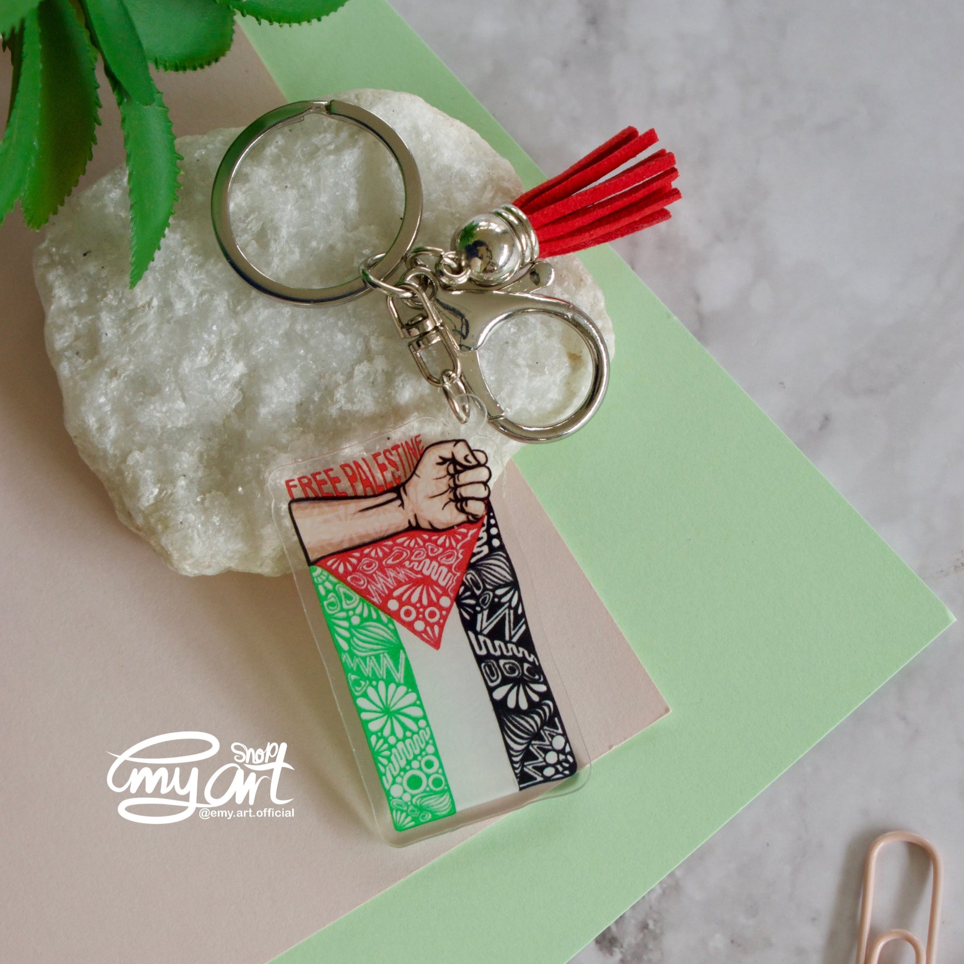 Acrylic keychain with Free Palestine flag design – pro-Palestinian accessory from Emy Art Shop